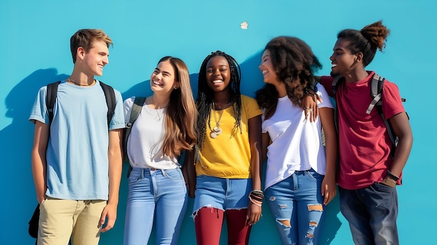 Happy multiracial students standing over isolated blue background Diverse teenage fr Generative AI