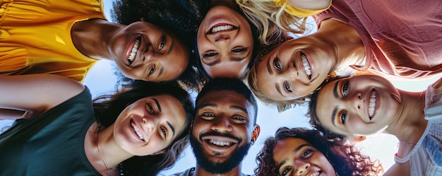 Happy multiracial young adults forming a circle together while smiling