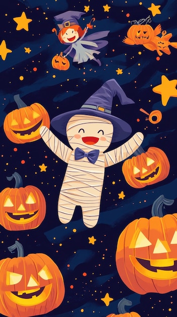 A happy mummy and a playful witch fly with her cat alongside smiling jackolanterns and stars