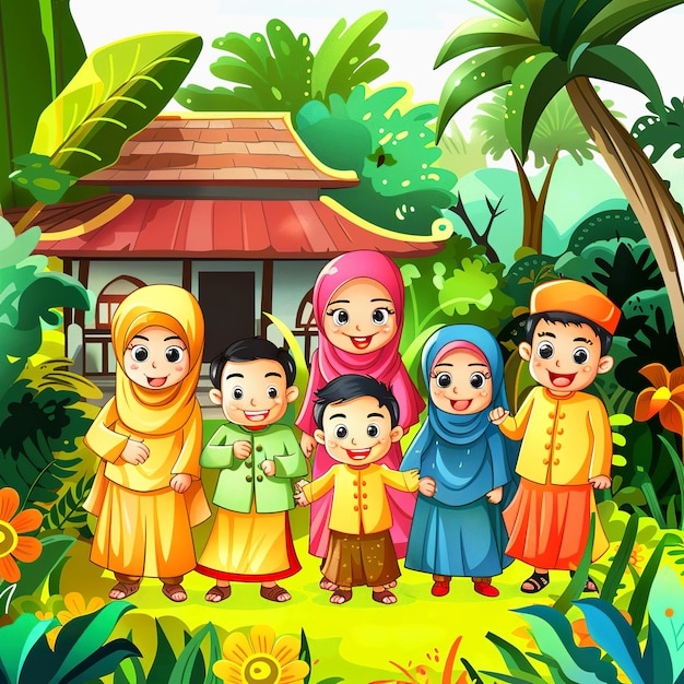 Happy Muslim family cartoon illustration Islamic happy family cartoon character