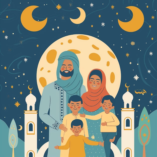 Happy Muslim family standing on the background of mosque and moon Vector illustration