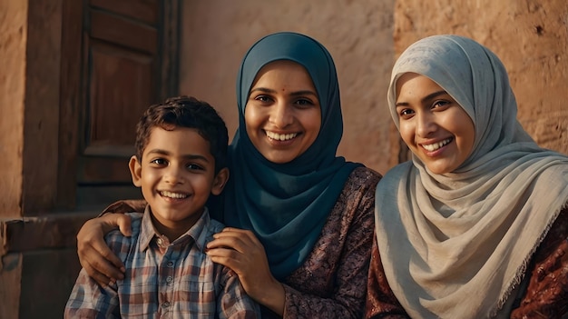 a happy muslim family with a full covered woman spending time together