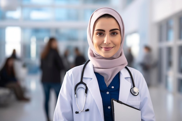 happy muslim female doctor holding digital tablet