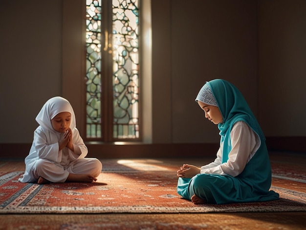 Photo happy muslim kids cartoon praying