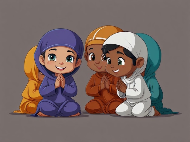 Photo happy muslim kids cartoon praying