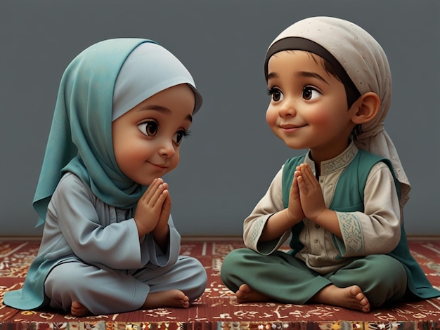 Photo happy muslim kids cartoon praying