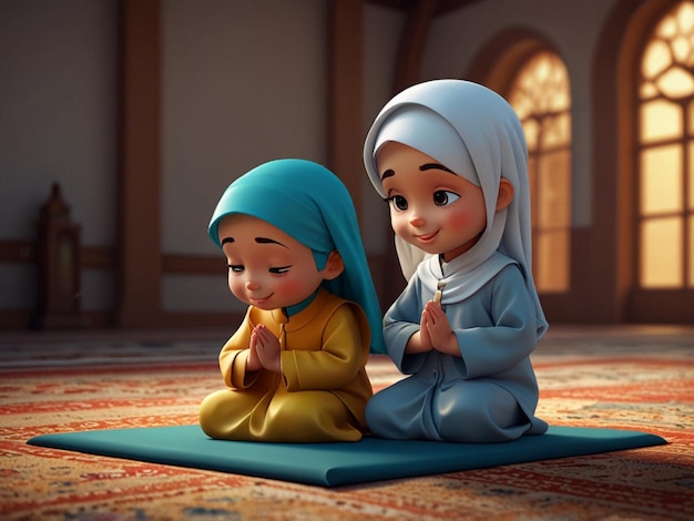 Happy muslim kids cartoon praying