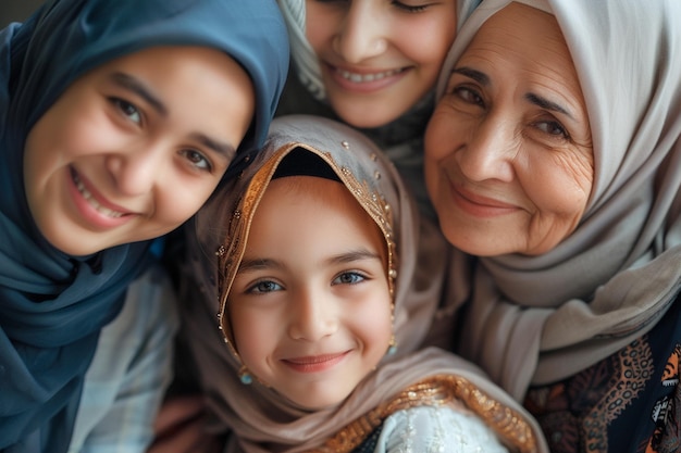 Happy Muslim mothers and daughters together for Mothers Day holiday celebration