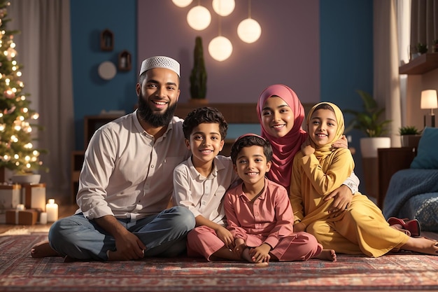 Happy Muslim parents and their kids relaxing on the floor at home and looking at camera