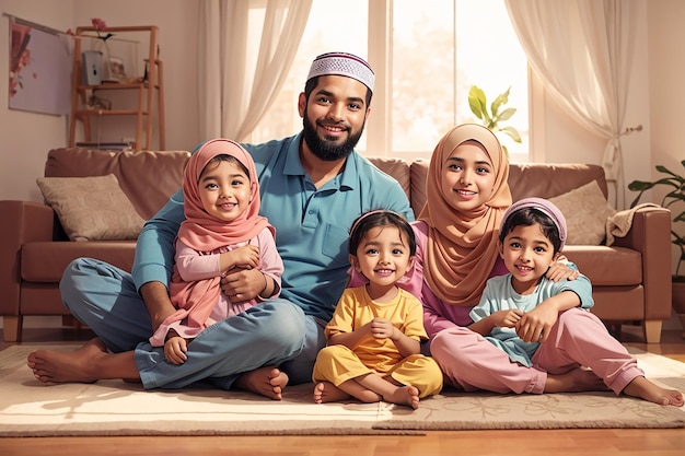 Happy Muslim parents and their kids relaxing on the floor at home and looking at camera