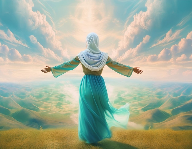 Happy Muslim woman arms raised heavenly concept of hope