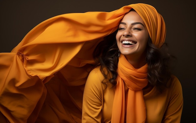 A happy Muslim woman wearing a vibrant orange hijab AI