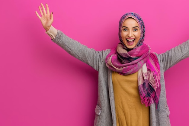 Photo happy muslim woman with hijab pink background