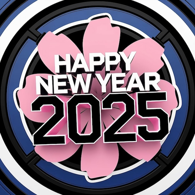 Happy new ye ar 2025 3d backgroundblue and black white pink flower and leaf