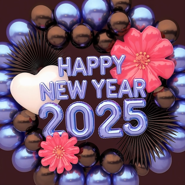 Happy new ye ar 2025 3d backgroundblue and black white pink flower and leaf