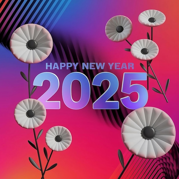 Happy new ye ar 2025 3d backgroundblue and black white pink flower and leaf