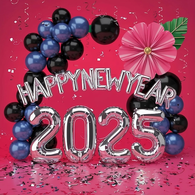 Happy new ye ar 2025 3d backgroundblue and black white pink flower and leaf