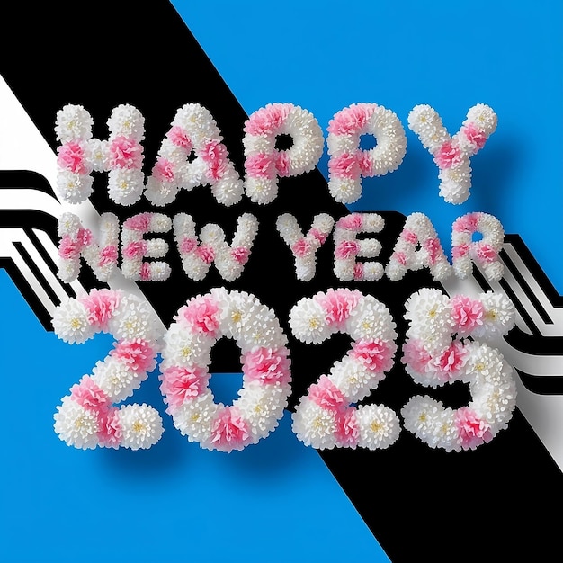 Happy new ye ar 2025 3d backgroundblue and black white pink flower and leaf