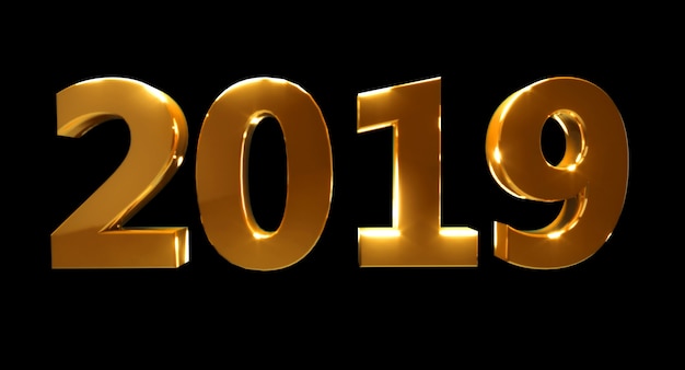 Happy New Year 2019 on a black background. Golden 3D numbers