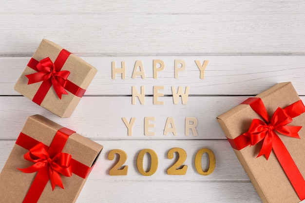 HAPPY NEW YEAR 2020 Wood Text For the new year with gift box