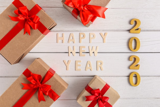 HAPPY NEW YEAR 2020 Wood Text For the new year with gift box