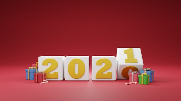 Happy New Year 2021. Golden numbers on white box with gift boxes and ball. 3d illustrator 