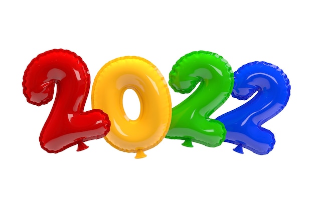 Happy New Year 2022. Background realistic multicolored balloons. 3D Rendering