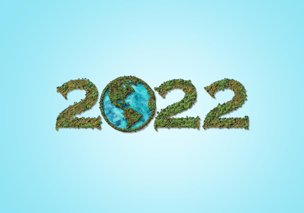 Happy New Year 2022 Concept Forest or tree shape isolated on 2022 lettering typography