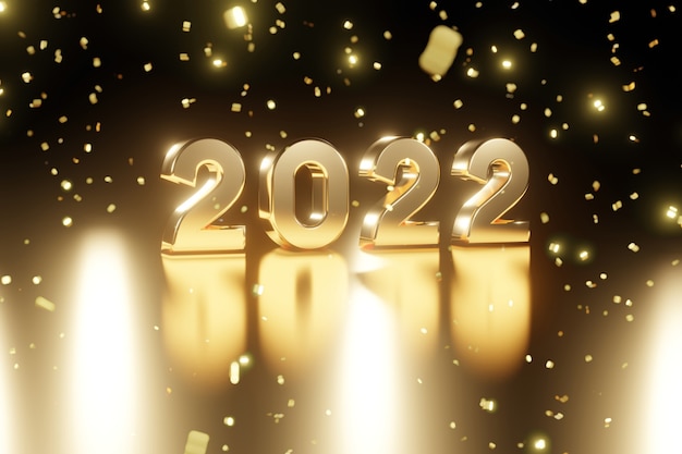 Happy New Year 2022 concept. A golden number 2022 and confetti on black background. 3D illustration rendering.