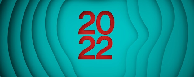 Happy new year 2022. Festive blue paper cut background with red numbers 3D render