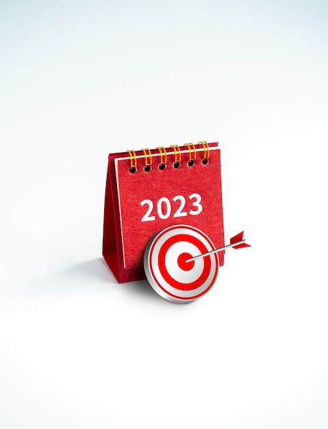 Happy new year 2023 background 3d target icon with red 2023 year numer desk calendar cover red color standing on white background vertical style Business goals and success concepts