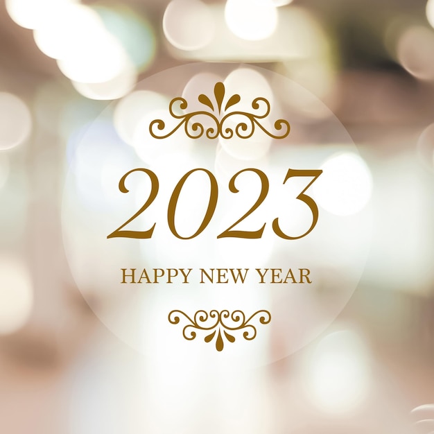 Happy New Year 2023 on blur abstract bokeh background new year greeting card banner