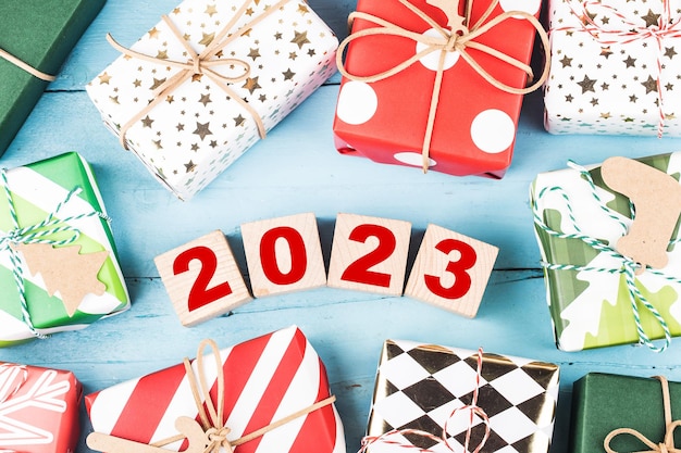 Happy New Year 2023, Christmas 2023, Christmas gifts placed in a festive atmosphere