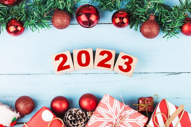 Happy New Year 2023, Christmas 2023, Christmas gifts placed in a festive atmosphere