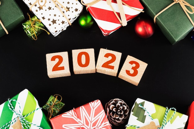 Happy New Year 2023, Christmas 2023, Christmas gifts placed in a festive atmosphere