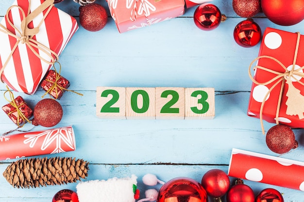 Happy New Year 2023, Christmas 2023, Christmas gifts placed in a festive atmosphere