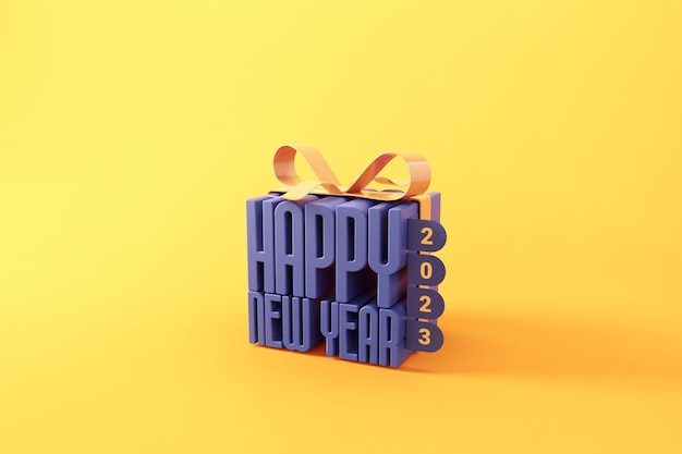 Happy new year 2023 in gift box wrapped with ribbon on yellow background