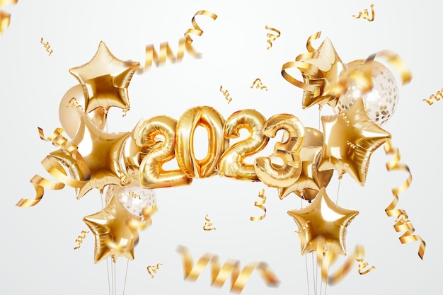 Happy new year 2023 golden inflatable balloons on a white background confetti Holiday card magazine style banner website header web poster template for advertising 3D illustration 3D render