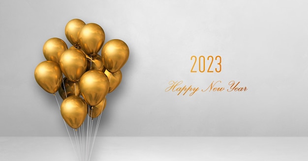 Happy new year 2023 greeting card Gold balloons on white background