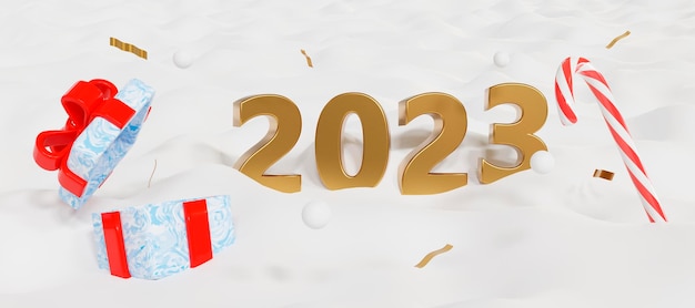 Happy new year 2023 poster 2023 text with gift box Christmas cane in the snow 3d rendering