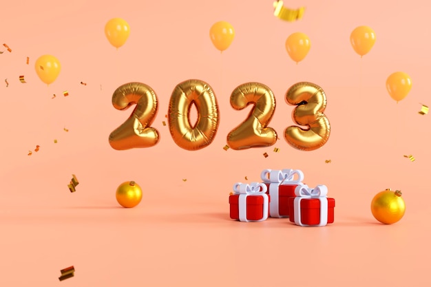 Happy new year 2023 poster on beige background 2023 text with gift box balloons confetti 3d render