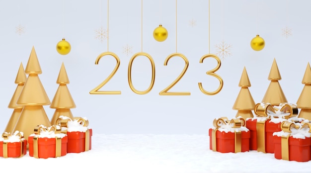 Happy new year 2023 poster on snow background 2023 text with red gift box gold Christmas trees