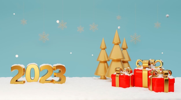 Happy new year 2023 poster on snow background 2023 text with red gift box gold Christmas trees