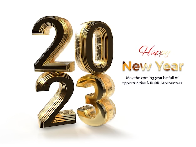 happy new year 2023 with golden neon light and glass effect 3d render concept design