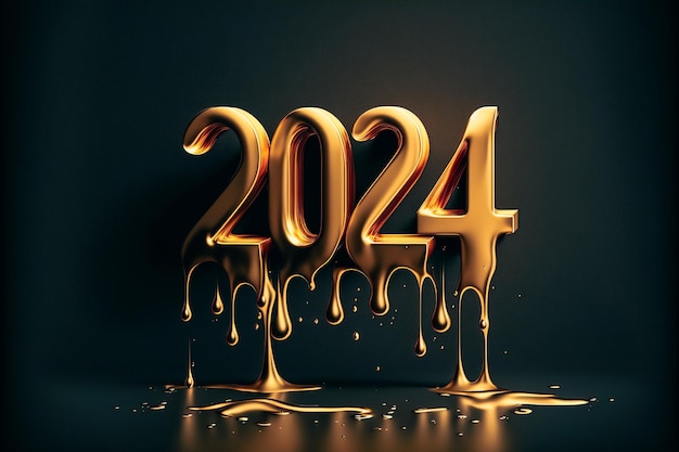 Happy new year 2024 gold splash on clean dark background 3d render concept