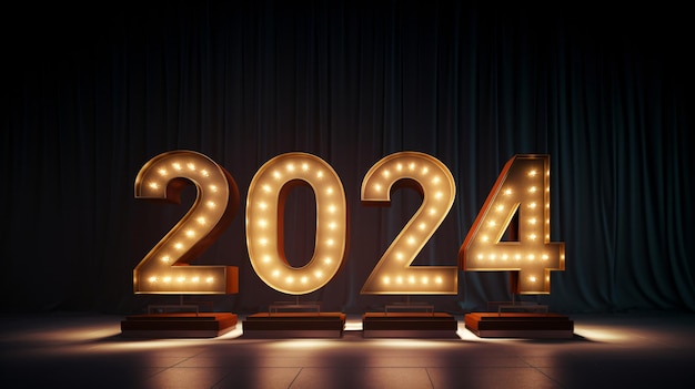 Happy New Year 2024 golden 3d numbers three dimensional number combination new year concept