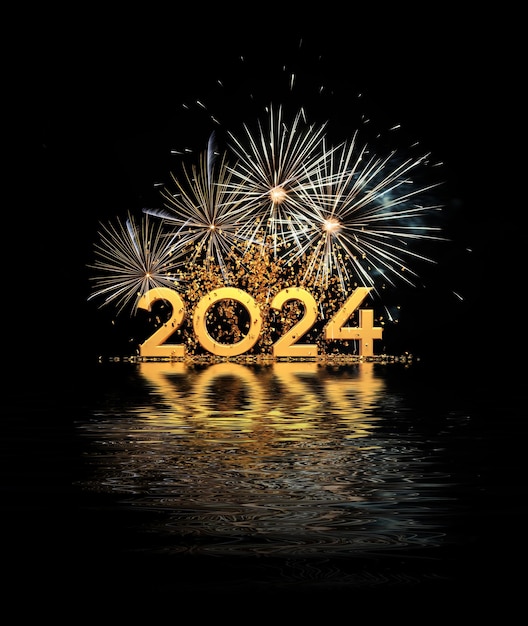 Happy new year 2024 greeting card with confetti and fireworks