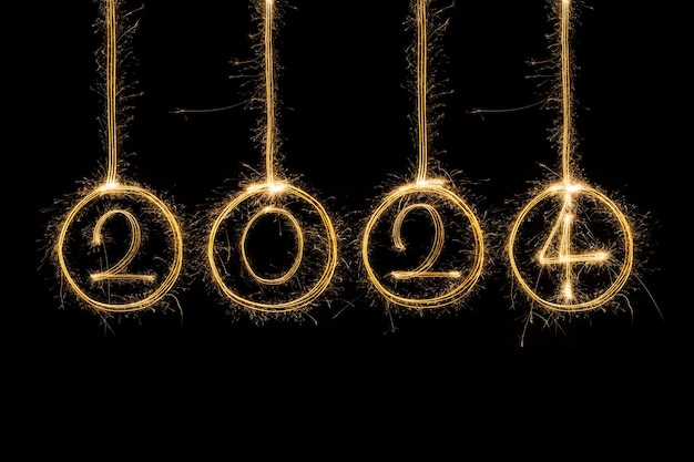 Photo happy new year 2024 sparkling burning text happy new year 2024 isolated on black background