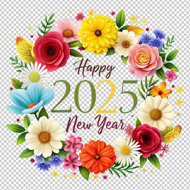 happy new year 2025 and with beautiful flowers on transparent background