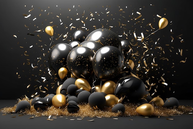 happy new year background with balloons and confetti black design